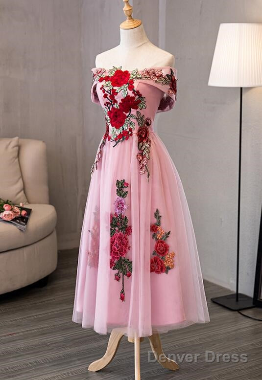 Lovely Pink Off Shoulder Tea Length Prom Dress, Cute Prom Dresses