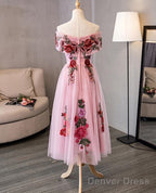 Lovely Pink Off Shoulder Tea Length Formal Dress, Cute Party Dress