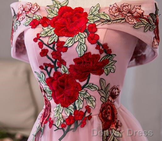 Lovely Pink Off Shoulder Tea Length Prom Dress, Cute Prom Dresses