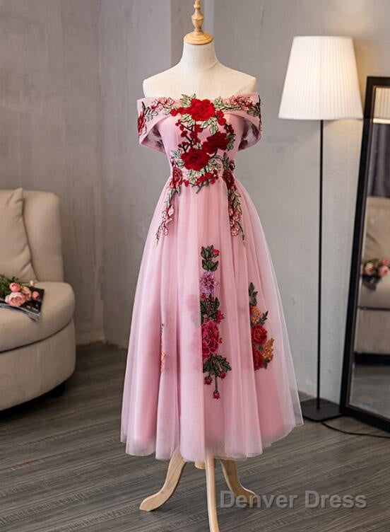 Lovely Pink Off Shoulder Tea Length Prom Dress, Cute Prom Dresses