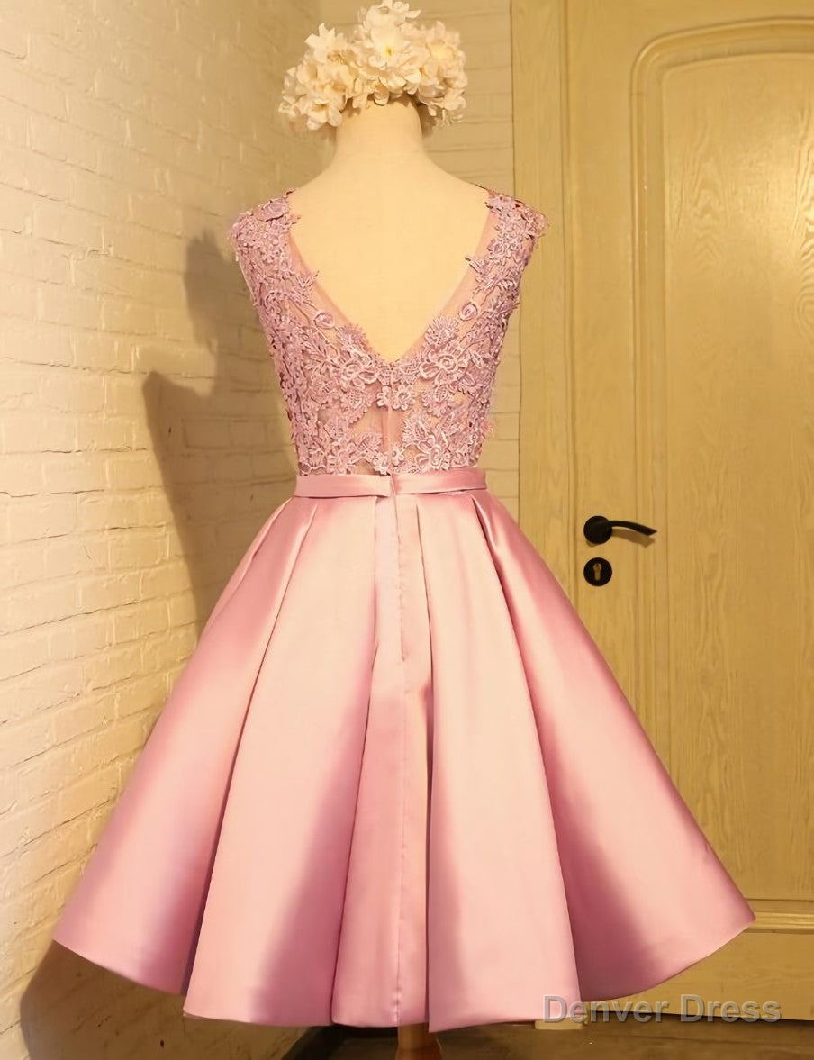 Lovely Pink Satin and Lace Homecoming Dress, Lovely Prom Dresses Secondary image