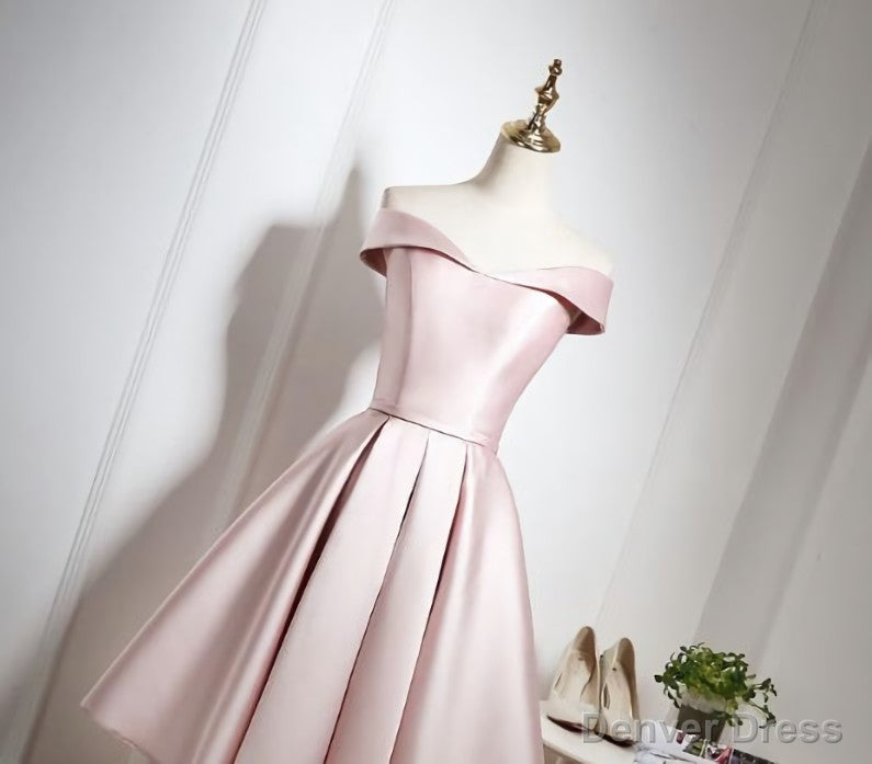 Lovely Pink Satin Off Shoulder Knee Length Prom Dress, Homecoming Dresses Main image