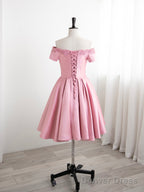 Lovely Pink Satin Short Party Dress Homecoming Dress, Off Shoulder Prom Dress