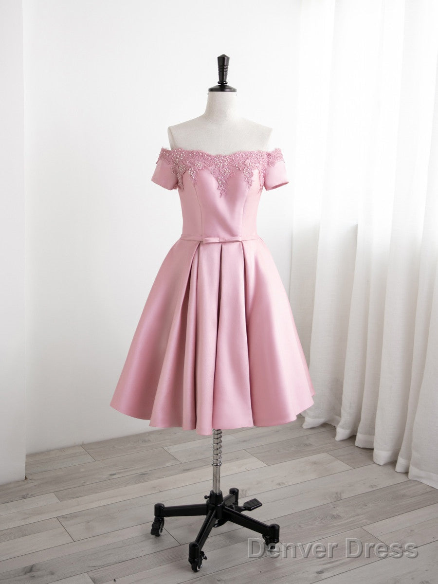 Lovely Pink Satin Short Party Dress Homecoming Dress, Off Shoulder Prom Dress Main image