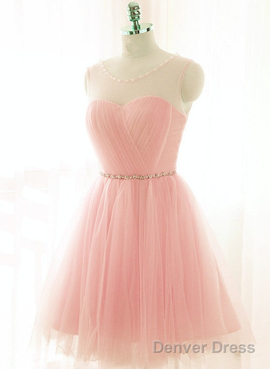 Lovely Pink Short Tulle Beaded Graduation Dresses, Pink Knee Length Prom Dress, Party Dresses