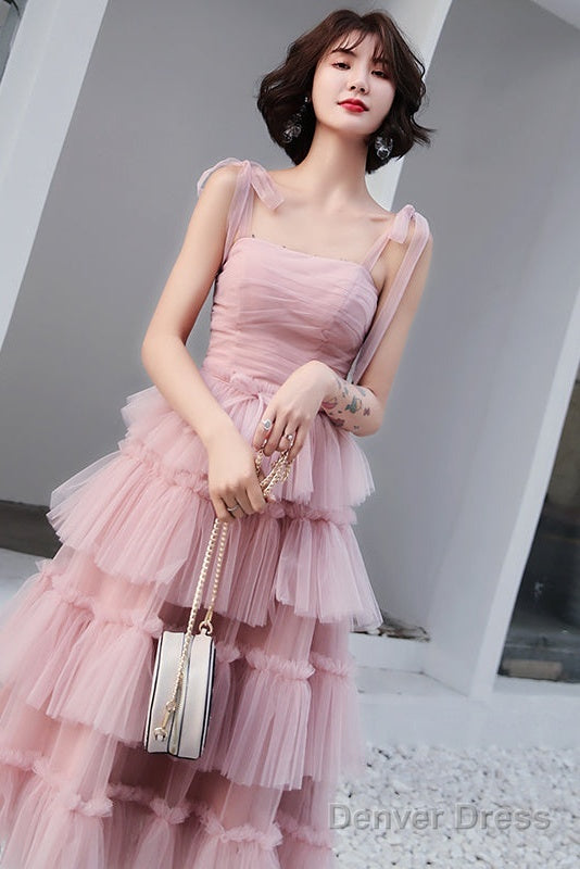 Lovely Pink Straps Layers Tea Length Wedding Prom Dress, Pink Prom Dresses Secondary image