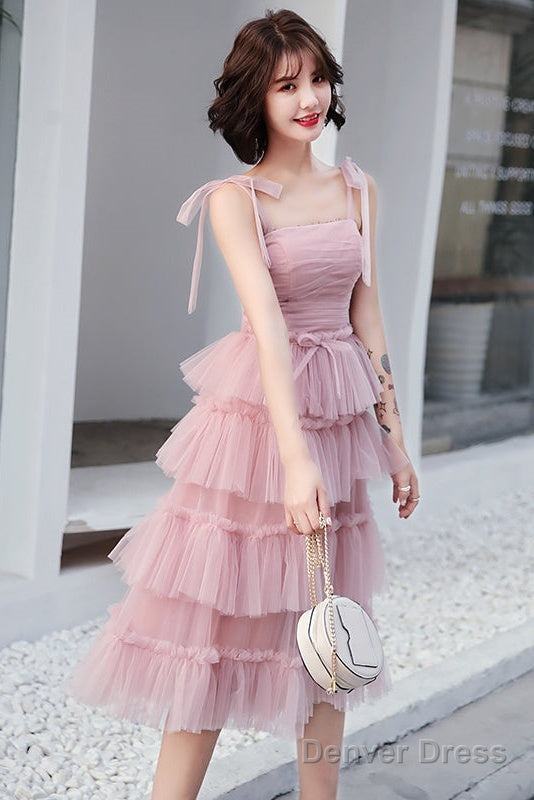Lovely Pink Straps Layers Tea Length Wedding Prom Dress, Pink Prom Dresses