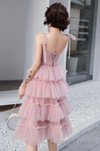 Lovely Pink Straps Layers Tea Length Wedding Party Dress, Pink Formal Dress