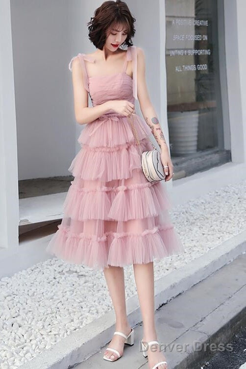 Lovely Pink Straps Layers Tea Length Wedding Party Dress, Pink Formal Dress