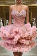 Lovely Pink Sweetheart Beaded Short Cocktail Dress, Pink Homecoming Dress Prom Dresses