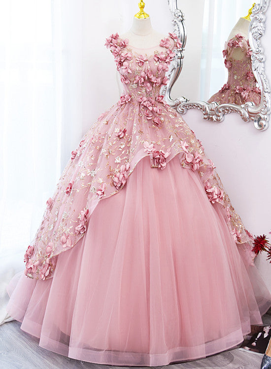Lovely Pink Tulle Long Prom Dresses With Flowers, Pink Tulle Sweet 16 Gowns Main image