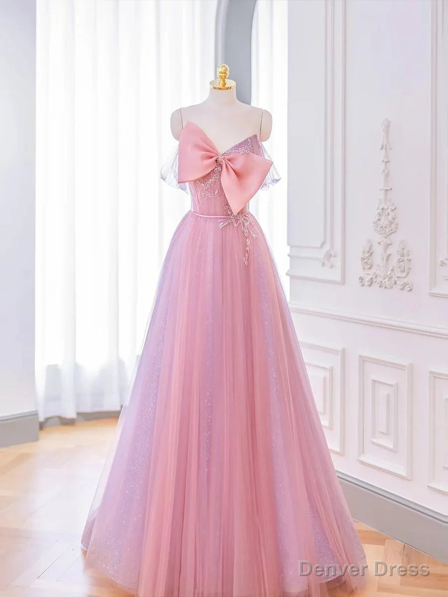 Lovely Pink Tulle Long Prom Dress with Bow Pink Prom Dress shops Secondary image