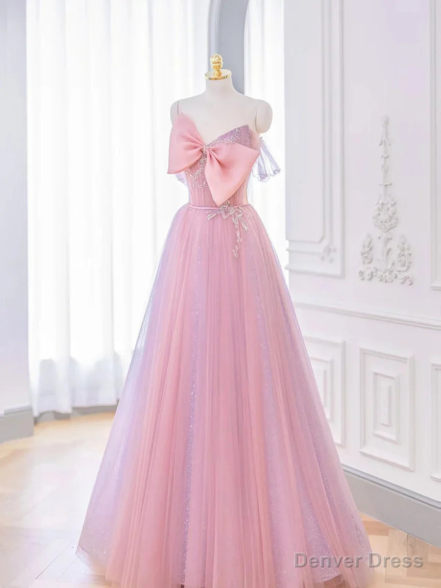 Lovely Pink Tulle Long Prom Dress with Bow Pink Prom Dress shops Main image