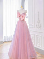 Lovely Pink Tulle Long Prom Dress with Bow Pink Prom Dress shops