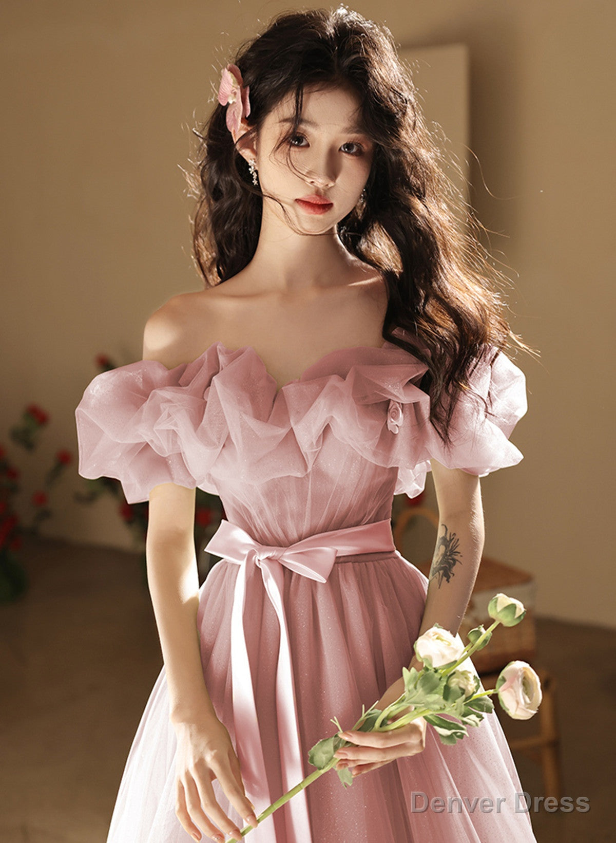 Lovely Pink Tulle Off Shoulder A-line Party Dress, Pink Tulle Long Prom Dress