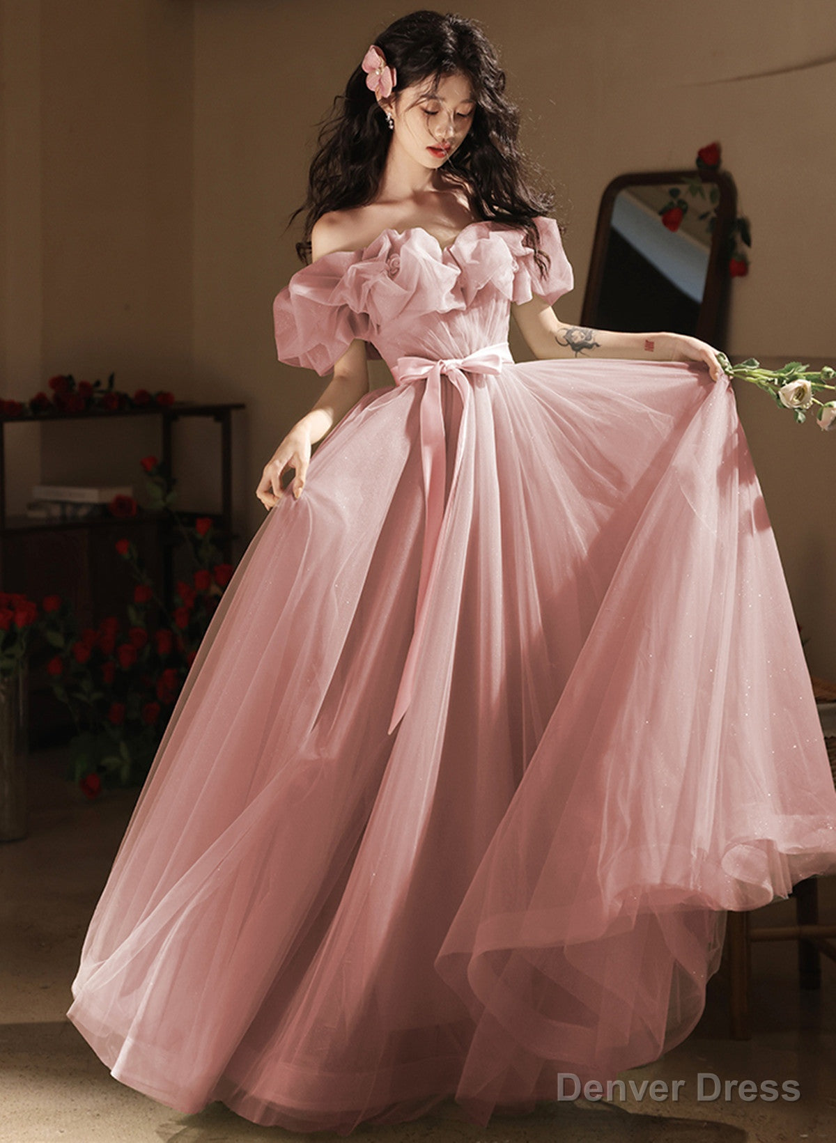 Lovely Pink Tulle Off Shoulder A Line Prom Dress, Pink Tulle Long Prom Dresses Main image