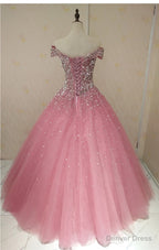 Lovely Pink Tulle Off Shoulder Sweet 16 Prom Dresses, Long Prom Gowns