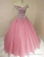Lovely Pink Tulle Off Shoulder Sweet 16 Prom Dresses, Long Prom Gowns