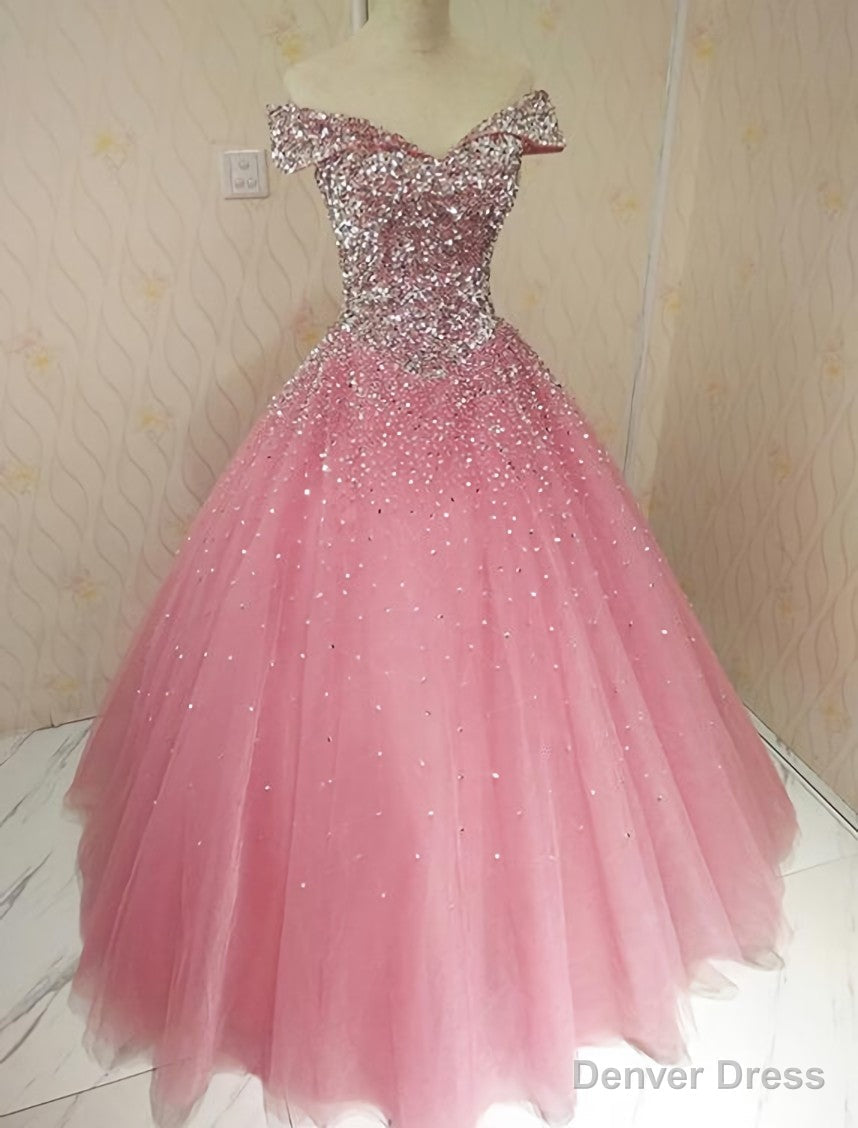 Lovely Pink Tulle Off Shoulder Sweet 16 Prom Dresses, Long Prom Gowns