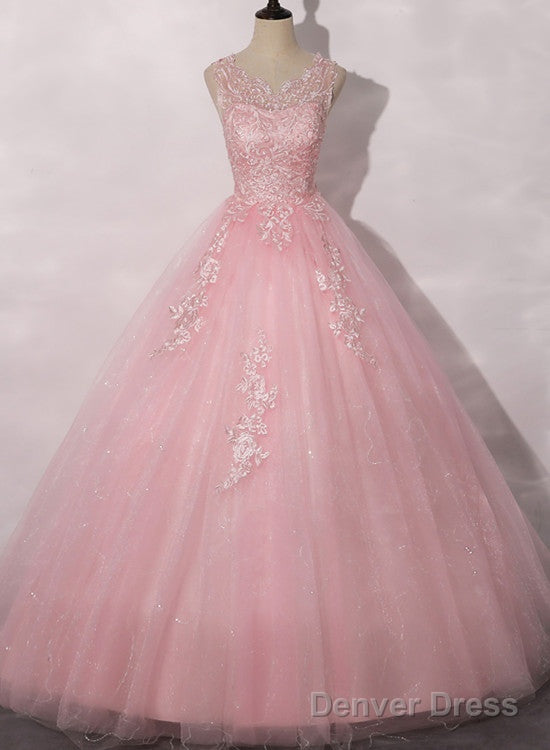 Lovely Pink Tulle Round Neckline Sweet 16 Dress, Pink Quinceanera Dress Main image