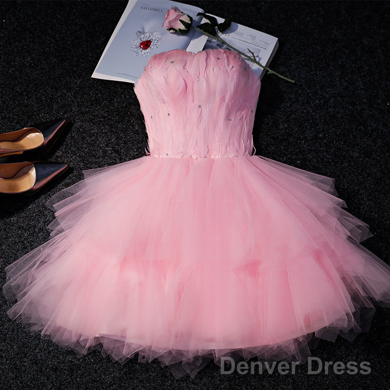 Lovely Pink Tulle Short Party Dress With Feather, Cute Pink Homecoming Dress