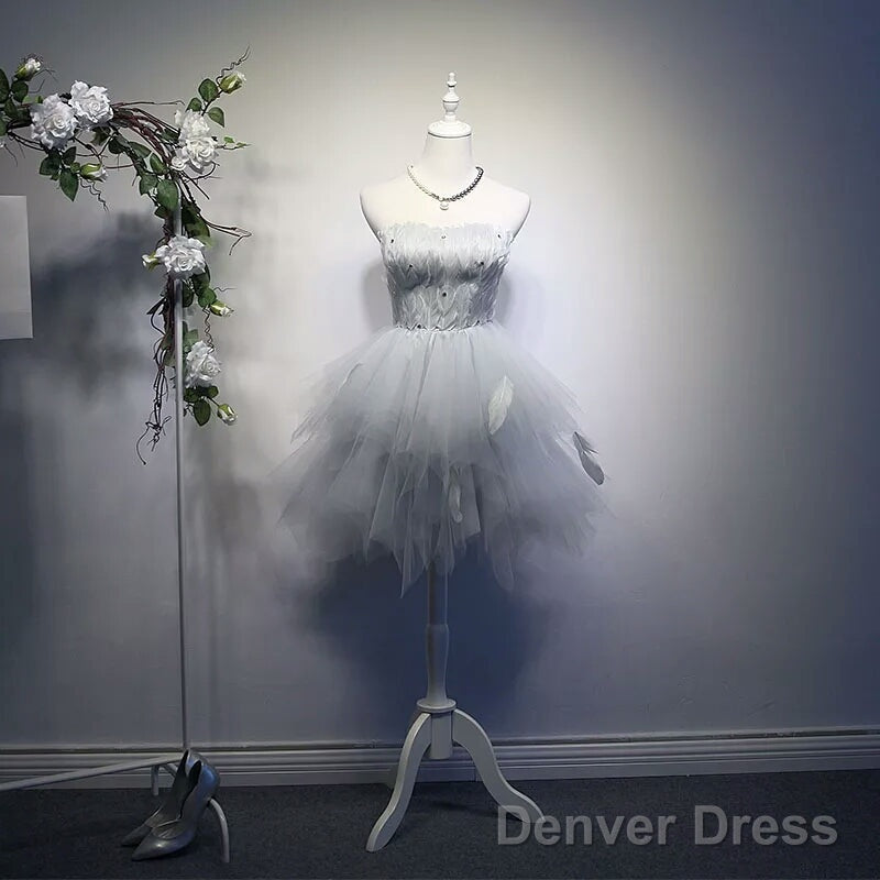 Lovely Pink Tulle Short Prom Dress With Feather, Cute Pink Homecoming Dresses