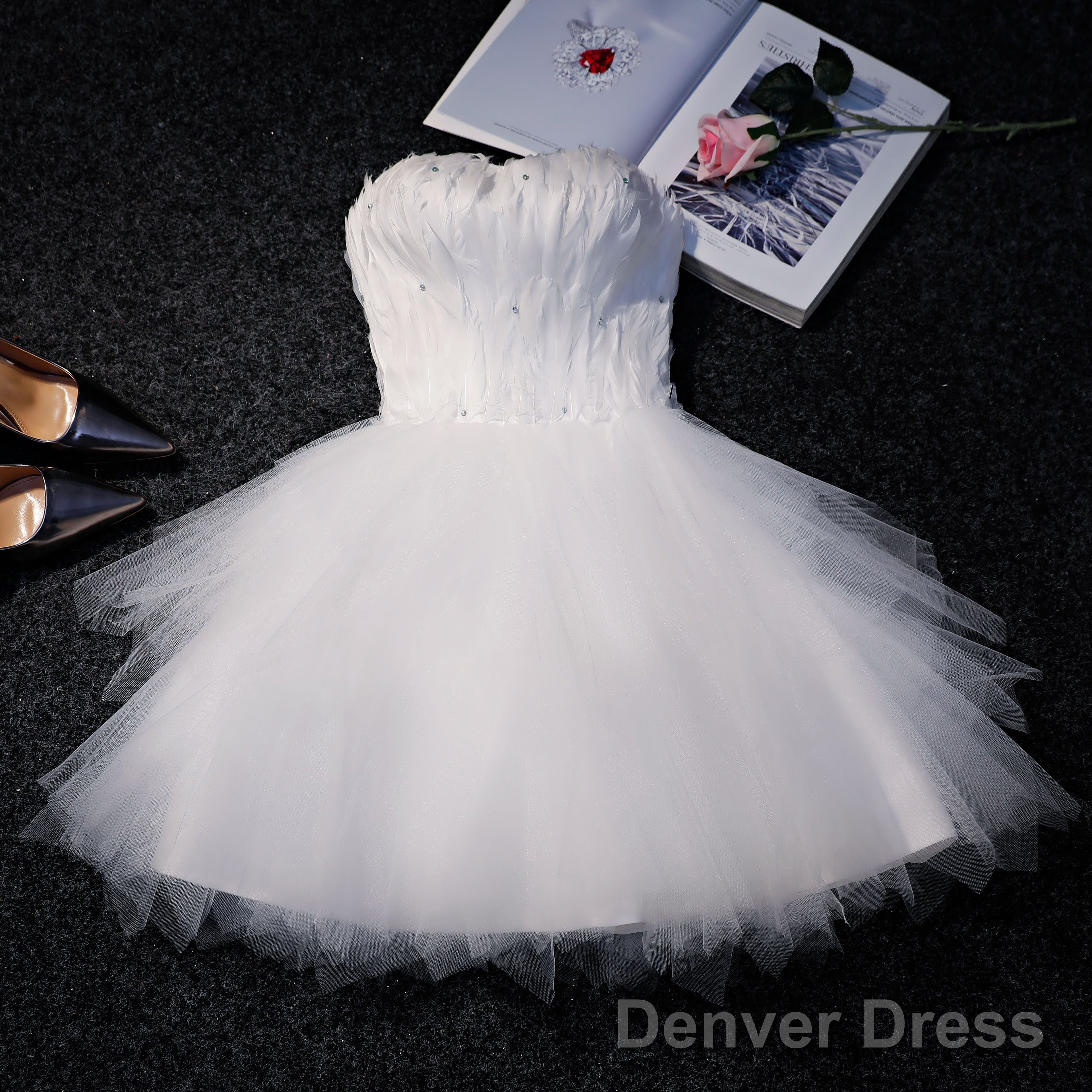 Lovely Pink Tulle Short Party Dress With Feather, Cute Pink Homecoming Dress