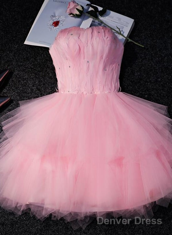 Lovely Pink Tulle Short Party Dress With Feather, Cute Pink Homecoming Dress Main image