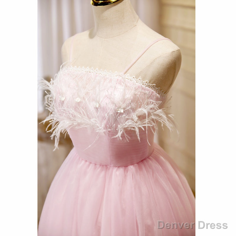 Lovely Pink Tulle Straps Knee Length Prom Dress, Pink Short Prom Dresses
