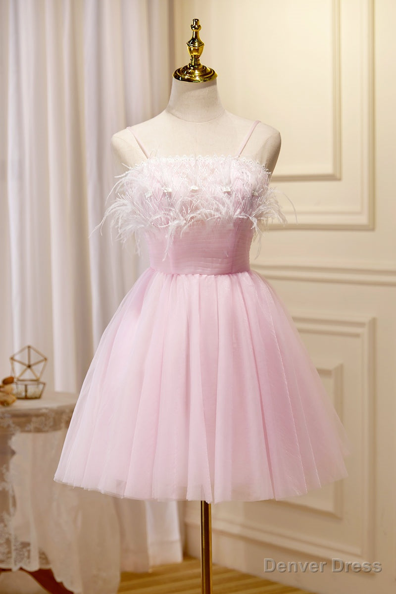 Lovely Pink Tulle Straps Knee Length Prom Dress, Pink Short Prom Dresses