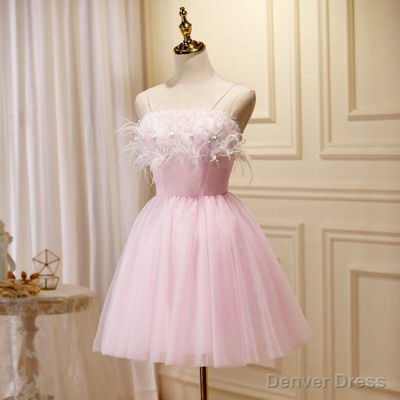 Lovely Pink Tulle Straps Knee Length Prom Dress, Pink Short Prom Dresses