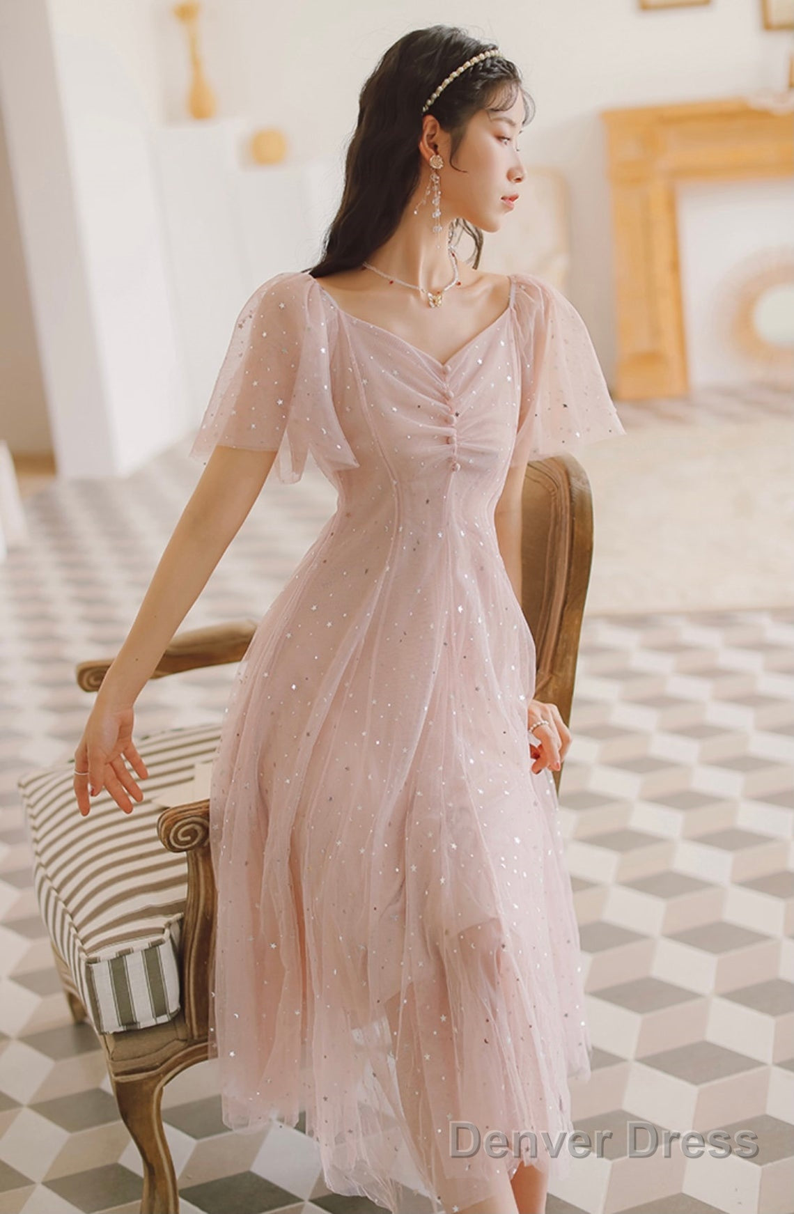 Lovely Pink Tulle V-Neckline Puffy Sleeves Party Dress, Pink Short Prom Dress