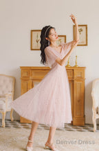 Lovely Pink Tulle V-Neckline Puffy Sleeves Party Dress, Pink Short Prom Dress