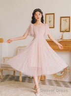 Lovely Pink Tulle V-Neckline Puffy Sleeves Party Dress, Pink Short Prom Dress