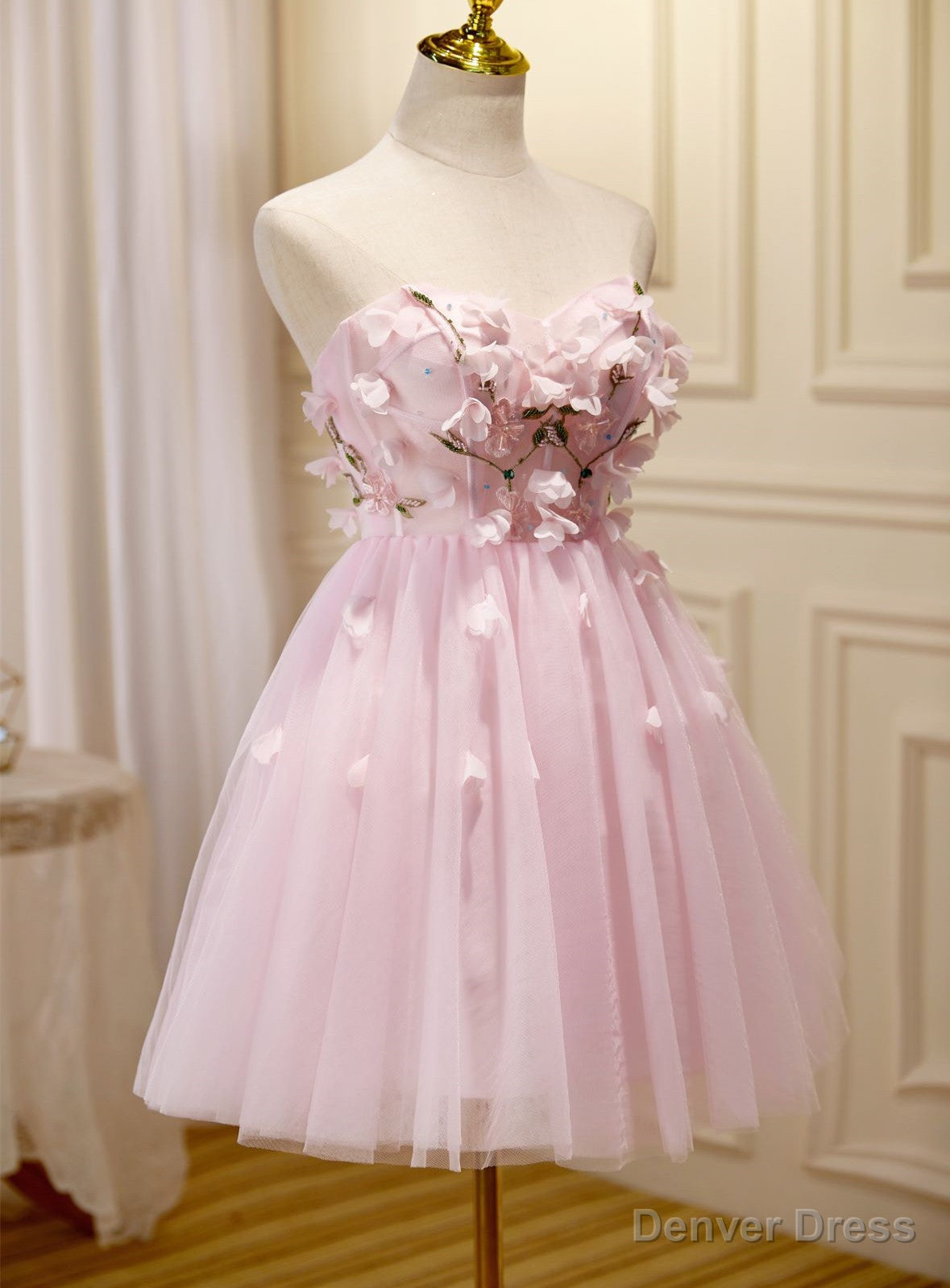 Lovely Pink Tulle with Flowers Short Party Dress, Pink Tulle Homecoming Dresses Main image