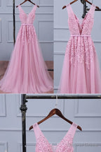 Lovely Pink V Neckline Long Prom Dress ,Tulle Bridesmaid Dresses