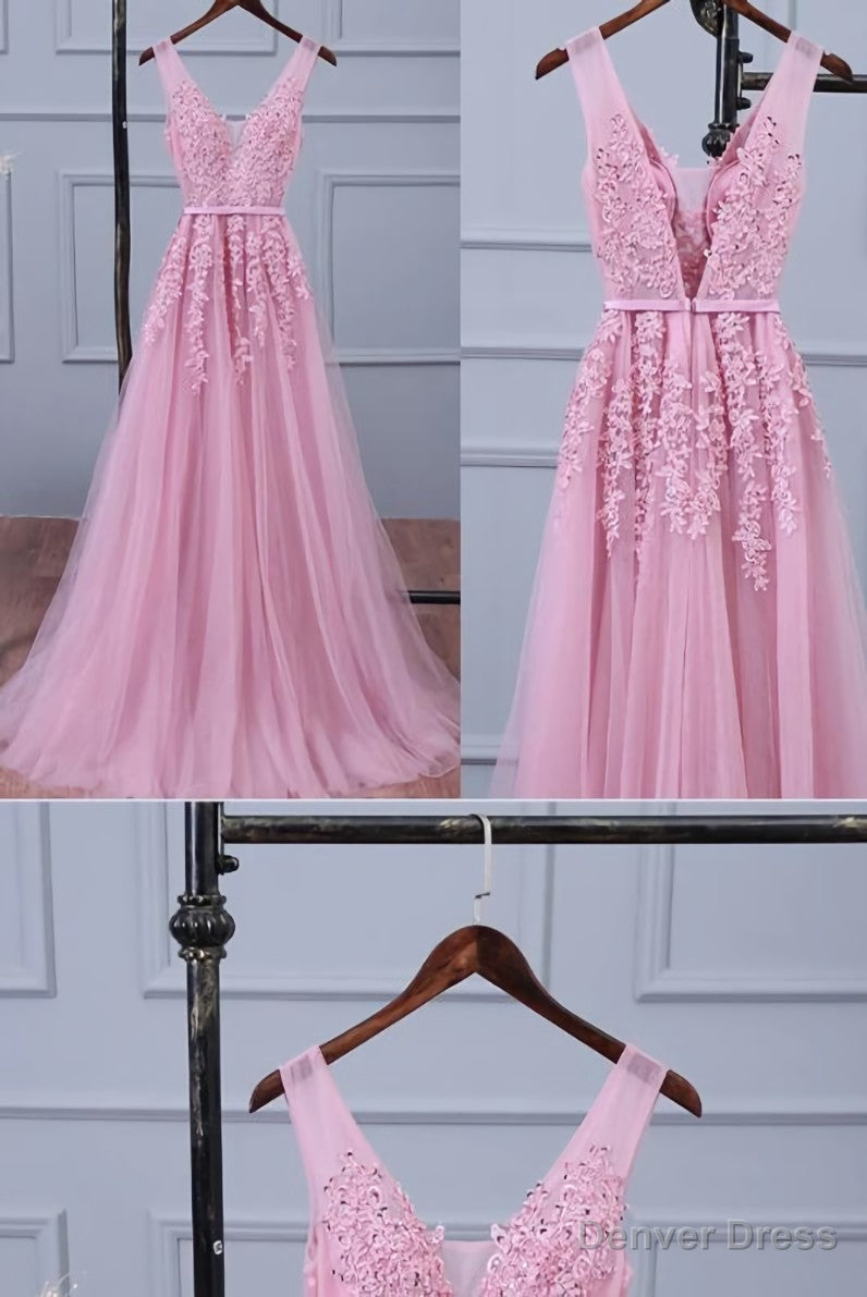 Lovely Pink V Neckline Long Prom Dress ,Tulle Bridesmaid Dresses