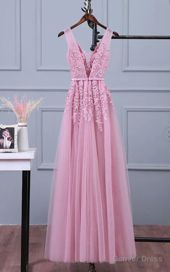 Lovely Pink V Neckline Long Prom Dress ,Tulle Bridesmaid Dresses