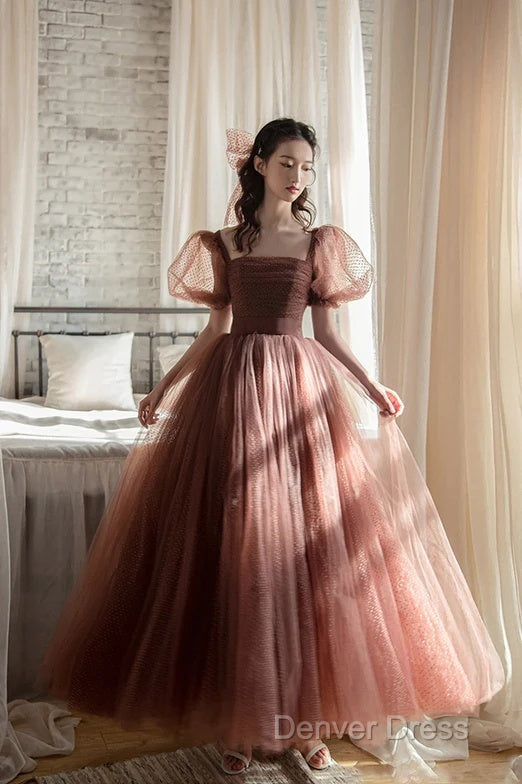 Lovely Puffy Sleeves Tulle Long Party Dresses, Scoop Ball Gown Long Prom Dresses Secondary image