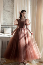 Lovely Puffy Sleeves Tulle Long Party Dresses, Scoop Ball Gown Long Prom Dresses