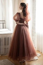 Lovely Puffy Sleeves Tulle Long Party Dresses, Scoop Ball Gown Long Prom Dresses