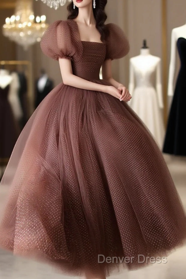 Lovely Puffy Sleeves Tulle Long Party Dresses, Scoop Ball Gown Long Prom Dresses Main image