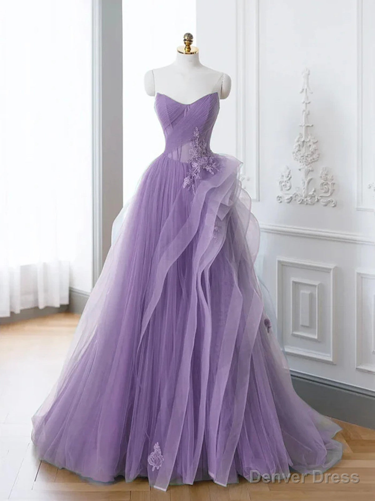 Lovely Purple A Line Tulle with Lace Applique Prom Dress, Purple Long Prom Dresses Main image