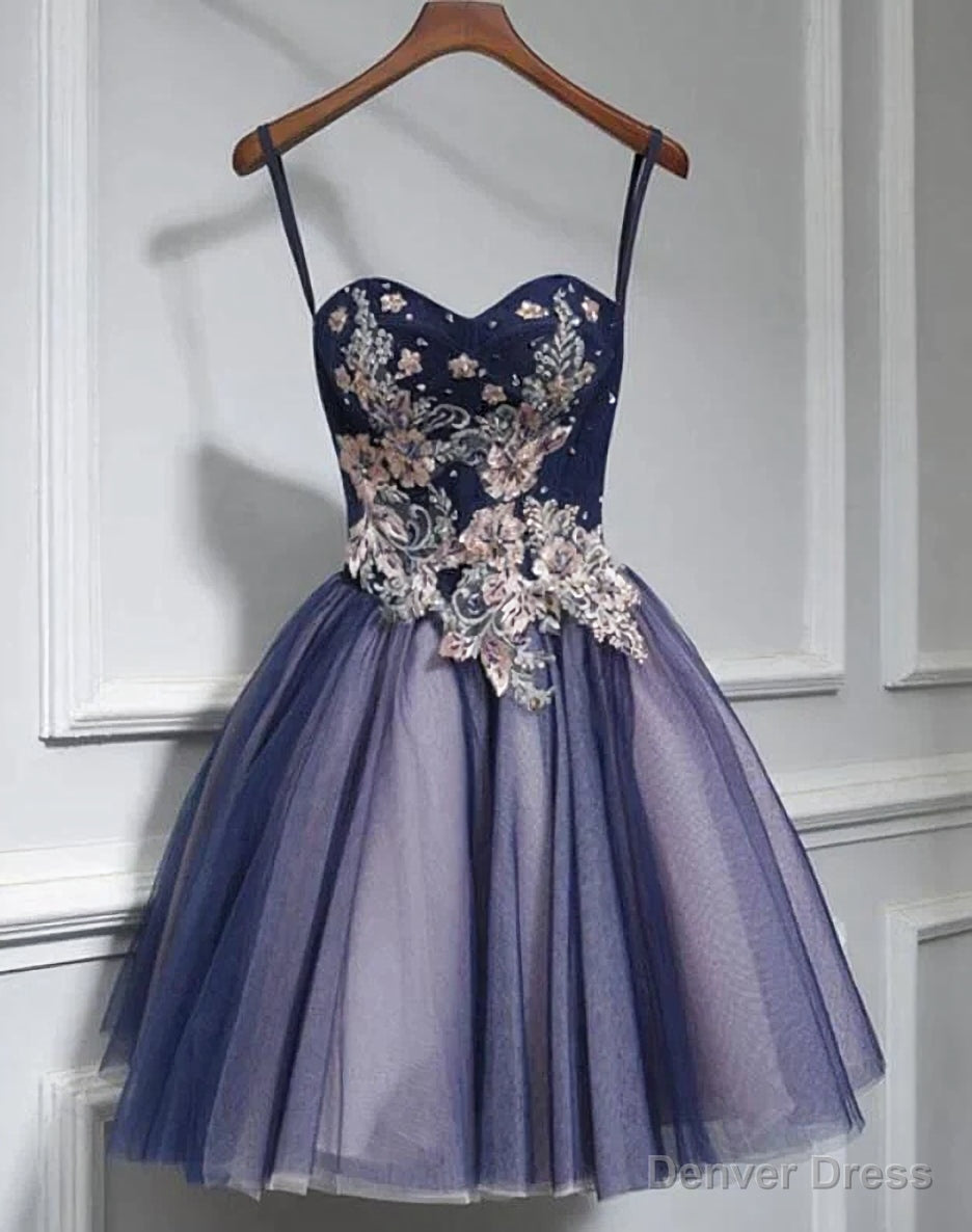 Lovely Purple-Blue Knee Length Flowers Sweetheart Homecoming Dress, Short Prom Dress Main image
