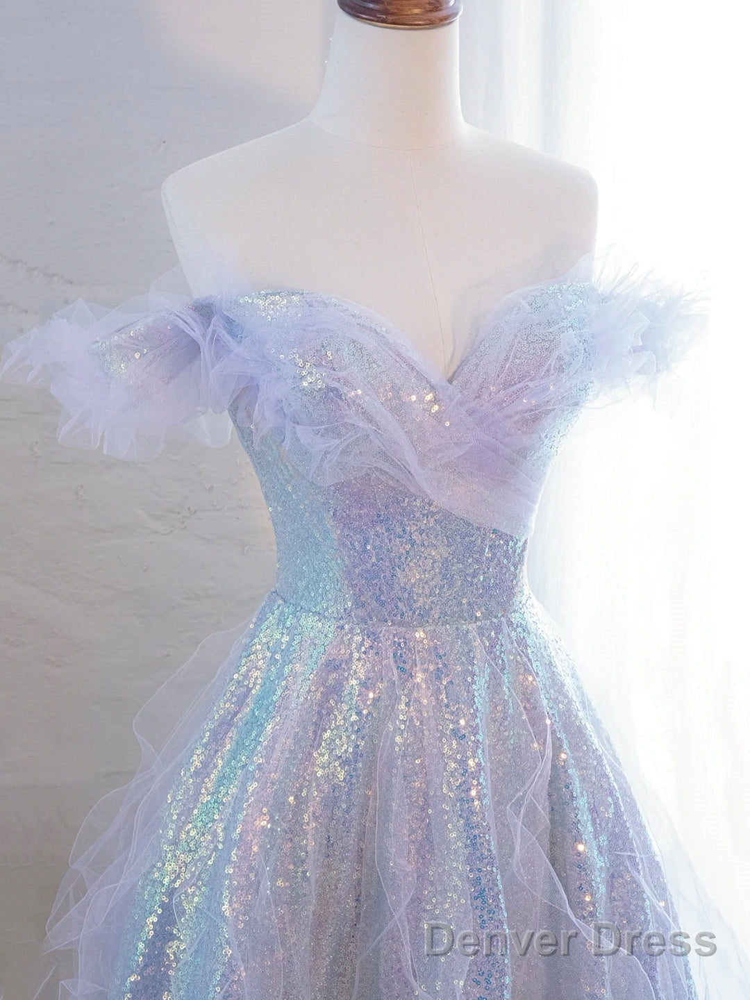 Lovely Purple Tulle Sequins Long Prom Dress, Off The Shoulder Evening Party Dress Secondary image