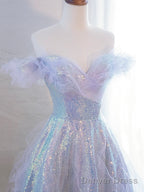 Lovely Purple Tulle Sequins Long Prom Dress, Off The Shoulder Evening Party Dress