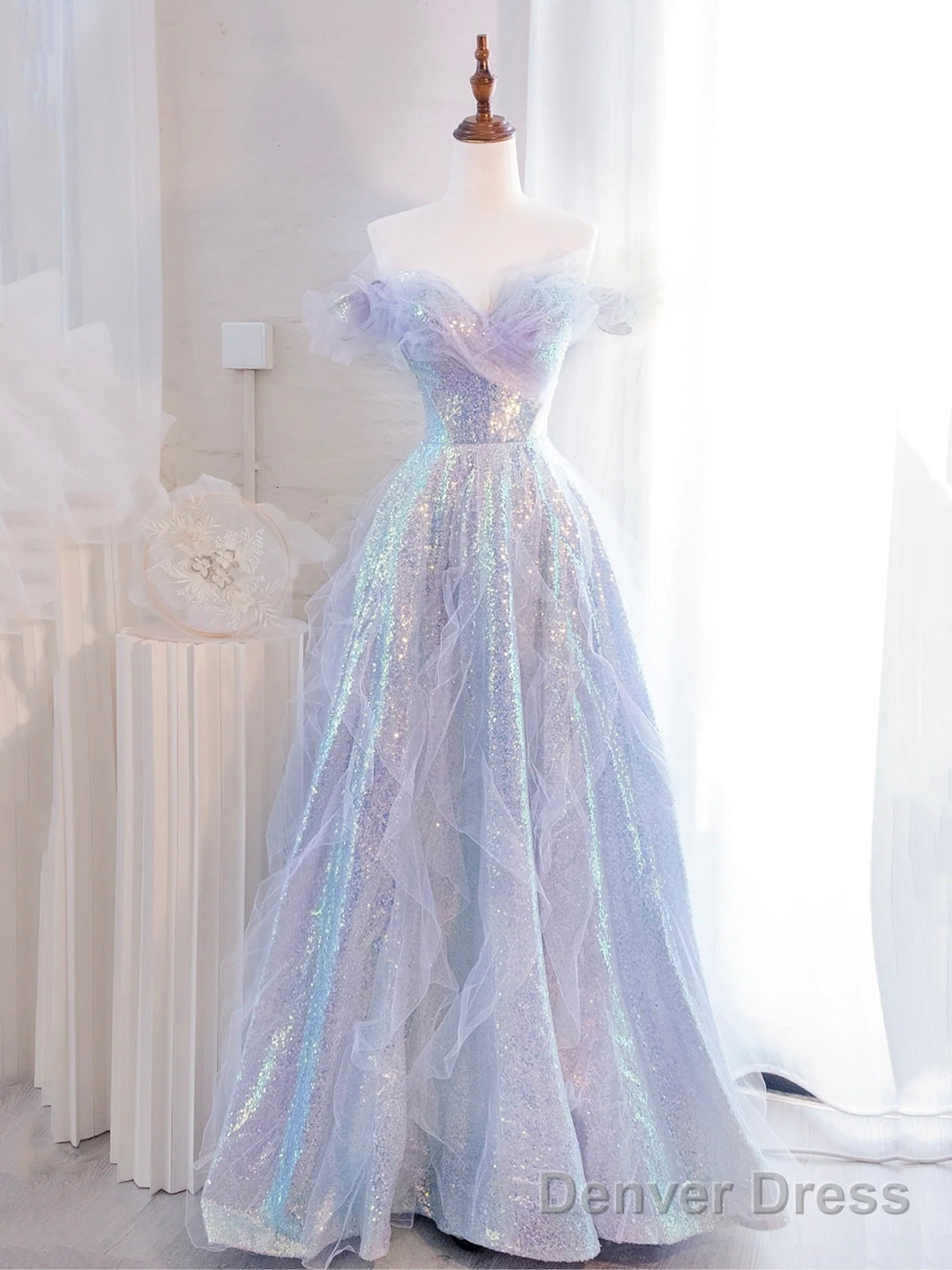 Lovely Purple Tulle Sequins Long Prom Dress, Off The Shoulder Evening Party Dress Main image