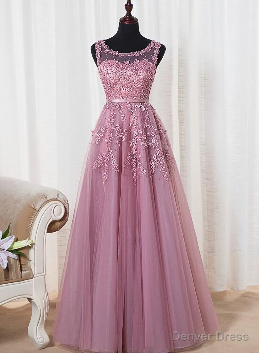 Lovely Round Neckline Tulle Long Prom Dress, Cute A-line Formal Dress Main image