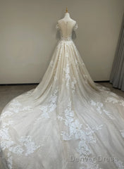 Lovely Round Neckline Tulle With Lace Applique Wedding Party Dress, Tulle Wedding Dress