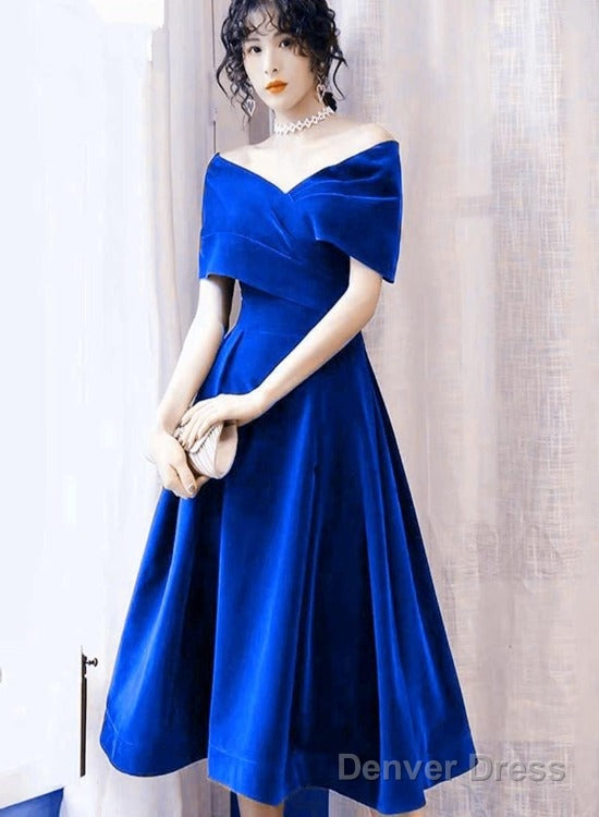 Lovely Royal Blue Velvet Tea Length Off Shoulder Party Dress, Blue Velvet Homecoming Dress Main image